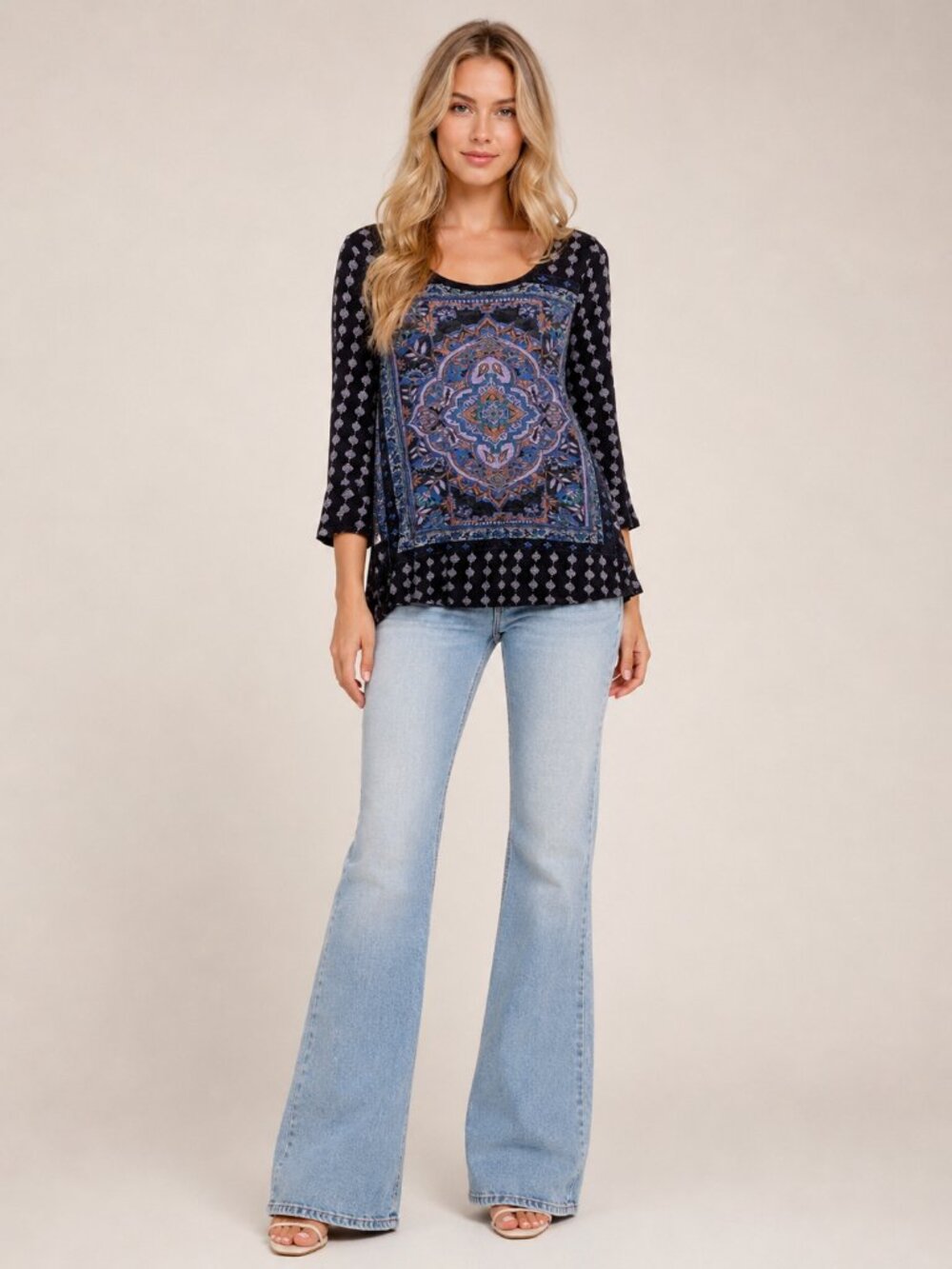 2/$30 Lucky Brand Boho Mandala Medallion Graphic Long Sleeve Tee Medium #A2999